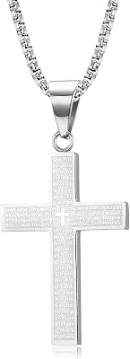 MERTTURM Collar de Cruz para Hombre, Colgantes Cruz Crucifijo, Regalo de Joyería, Acero Inoxidable Cadenas Hombre 60cm, Negro Plateado(Resistente a la Decoloración y al Sudor)
