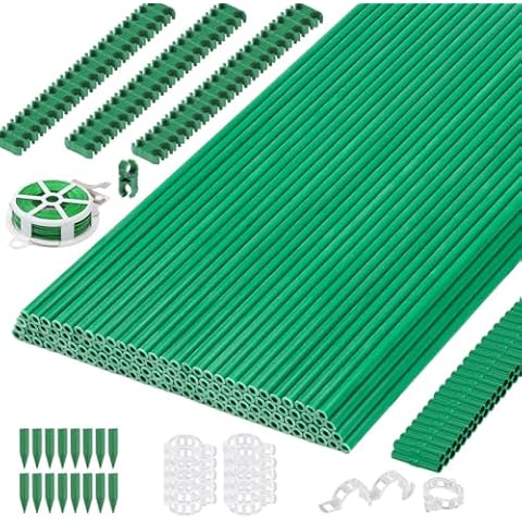 Cludoo 393PCS Garden Stakes Set with 120 Sets Fiberglass Plant Stakes Sticks Supports and Accessories, DIY 4ft 5ft 6ft 7ft Tomato Stakes for Tomato,Vegetables, Pepper, Fences Indoor Outdoor Plants Cover