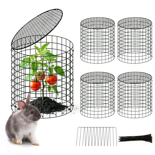 4 Sets of DIY Metal Plant Protectors from Deer, Garden Fencing Animal Barrier Size 11.8 * 12.9 inches, Mesh Plant Cage Chicken Wire Cloche for Plants with Stakes and Nylon Cables