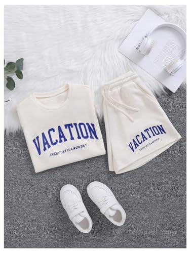 Image of Verdusa Girl's Tracksuit Sets 2 Piece Outfits Letter Print Vacation Tee Top and Drawstring Waist Shorts