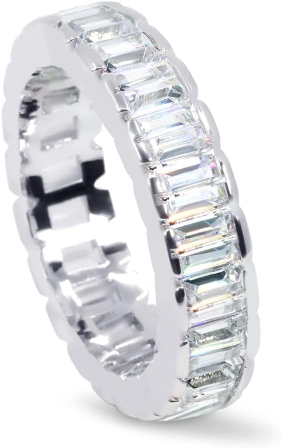 Savlano 18K White Gold Plated Cubic Zirconia Emerald Cut Eternity Ring Band for Women Men - Image 2