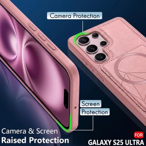 Image of amazon basics Premium Vegan Leather Back Cover with Card Holder and Integrated Mobile Stand for Samsung Galaxy S25 Ultra 5G - Slim Shockproof Wallet Case with Geometric Stitching [Pink]