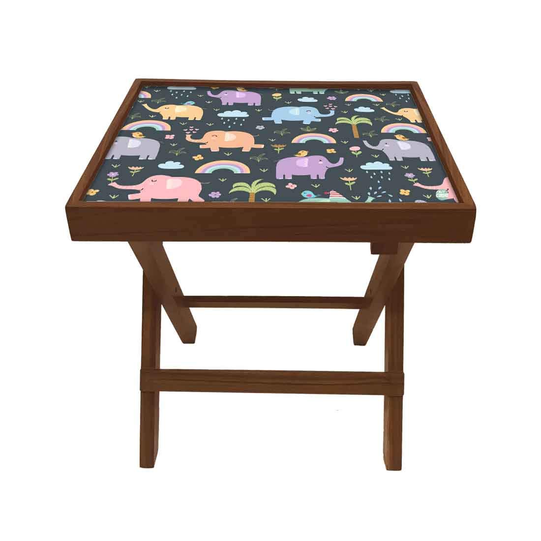 Nutcase Designer Teak Wood Side Table Folding Wooden Bedside Kids Baby Nursery Furniture - Fun and Games - Cute Elephants-image-1