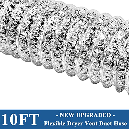 Funmit Dryer Vent Hose Kit - 4 In Diameter By 10 Ft Length - With 2 Stainless Steel Worm Clamp - Flexible Universal Aluminum Foil Non-Insulated - Silver #TOP1