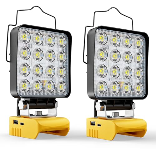 LIVOWALNY 2PCS LED Work Light Compatible with Dewalt 20V Battery, 112W 11200LM Battery Light 20V Cordless Tools, Portable Flood Flashlight with USB A & USB C Output Port, Low Voltage Protection