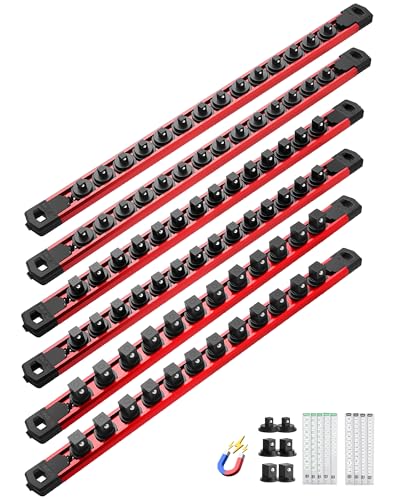 Image of ALOANES Magnetic Socket Organizer Set, 6PC Heavy Duty Aluminum Socket Holder Organizer, 360 Swivel Clips Socket Holder Kit for Toolbox Drawer Fit 1 /2, 3 /8, 1 /4-Inch x 80 Clips (Red, 6PC)