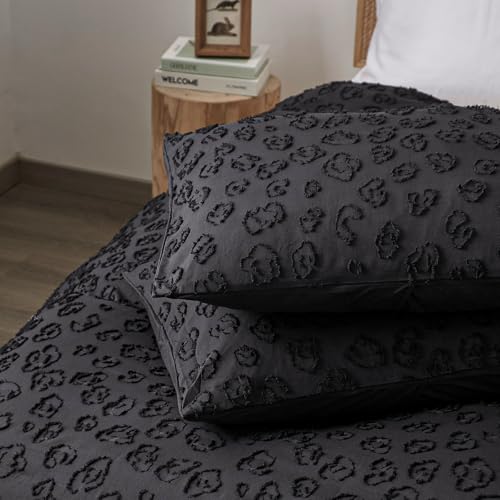 Image of Tufted Black Leopard Duvet Cover Twin Size,1 Pillow Sham, No Comforter | Button Closure, 4 Corner Ties, All Seasons, Lightweight, Extra Soft, Leopard Print Textured, Twin Duvet Cover Set 68x90 in