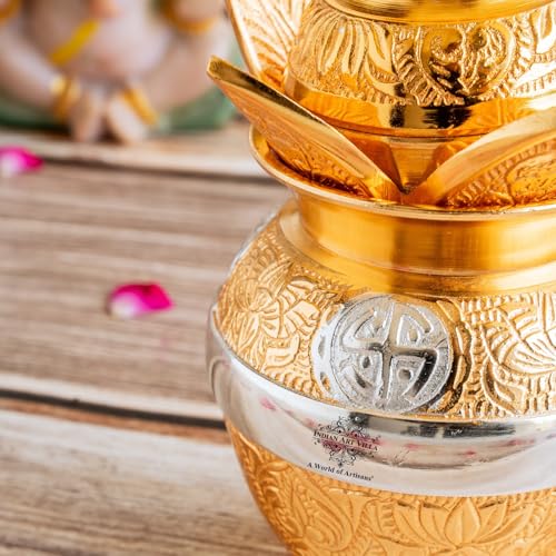 Image of Indian Art Villa Silver Plated Gold Polished Designer Mangal Kalash with Coconut, Poojan Temple Home Decorative, Diwali Gift Item, 6'' Inch