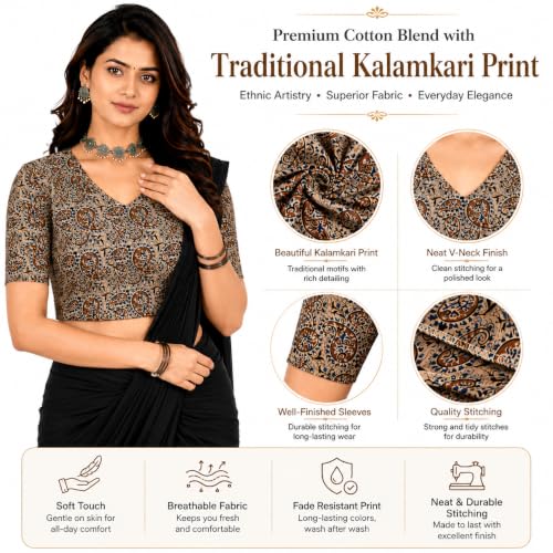 Image of Mogsa Women's Kalamkari Print Cotton Stretchable V-Neck Readymade Saree Blouse | Soft Cotton Blend | Stretch Fabric | Ready-to-Wear