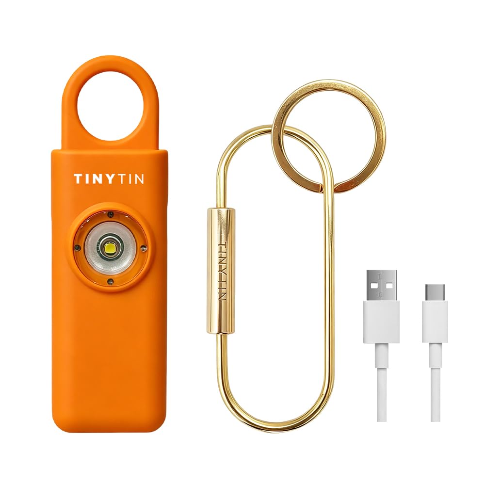 Alarme de Sécurité Personnelle 130dB Rechargeable Porte-clés - TinyTin Alarme de Panique pour Femmes avec Lumière Stroboscopique LED - Alarme d'Autodéfense pour Randonnée, Course et Voyage (Orange