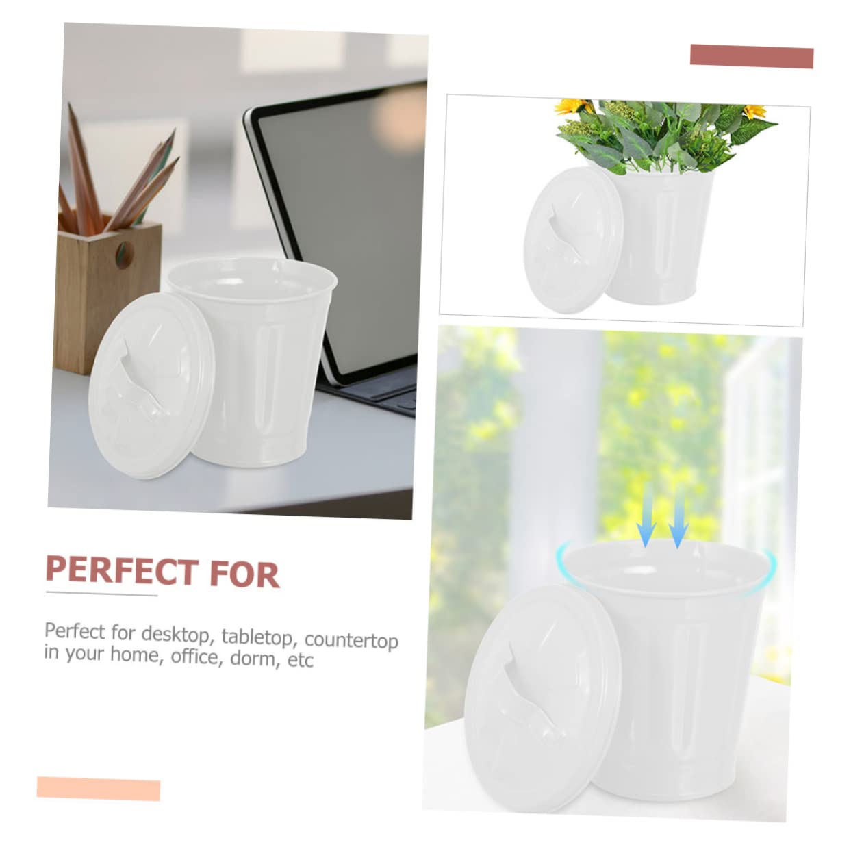 Happyyami Galvanized Planter Decorative Waste Bin Lid Small Trash Can for Desk Multi-Purpose Storage Bucket Indoor Plant Pot
