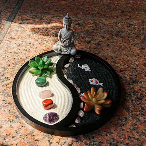 Buddha-Meditation-Zen-Garden-Kit-Home-Office-Tabletop-Taiji-Yin-Yang-Sand-Garden-Altar-Zen-Decor-Zen-Gifts-DIY-Mini-Chakra-Crystal-Quartz-Rock-Garden-wNature-Healing-Stone-Rake-Tool