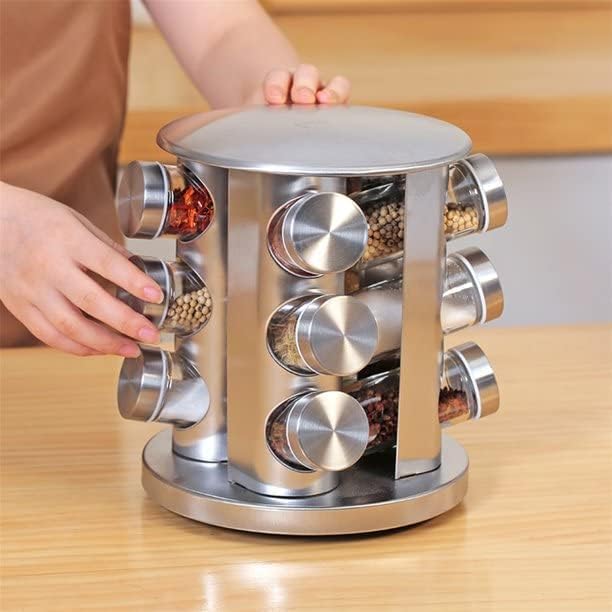 MUGATH Stainless Steel Revolving Spice Rack | 12 in 1 Masala Rack Set |Seasoning Kitchen Storage Organization | Turntable Condiment Stand | Revolving Spice Rack | Round Masala Spice Rack/Container