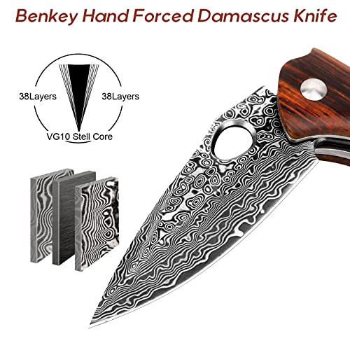 Benkey Damascus Folding Knife, Sharp Vg10 Core Damascus Steel Pocket Knives With Natural Wood Handle, Quality Leather Sheath, Ball Bearing, Liner Lock, Lightweight Pocket Knife For Edc Men Women #TOP1