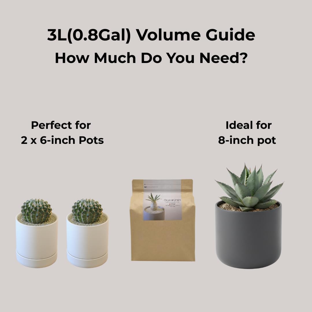 Crystal Grain Cactus & Succulent Soil Mix, Coarse Grain for Maximum Drainage, 100% Inorganic & Odorless, Visible Watering Indicator, Patented Japanese Tech, 3L (Resealable Bag)