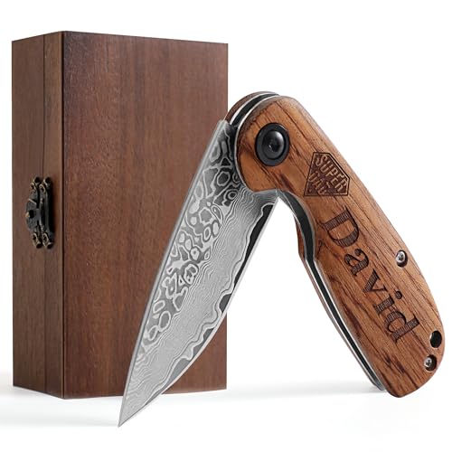 C.light 3D Custom Pocket Knife for Men – Personalized Engraved 67-Layer Damascus Folding Knife, Birthday Anniversary Groomsmen Gift for Dad Husband Boyfriend, VG10 Steel Core & Rosewood Handle