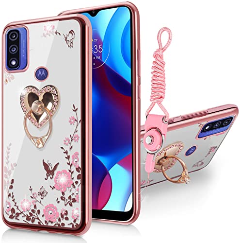 B-wishy for Motorola Moto G Pure Phone Case,Moto G Power 2022 Case for Women, Glitter Butterfly Heart Floral Slim TPU Protective Cover with Kickstand+Strap for Moto G Play 2023(Rose Gold)