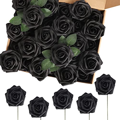 Macting 60Pcs Black Roses Artificial Flowers,Real Looking Black Flowers Foam Fake Roses With Stems For Diy Wedding Bouquets Centerpieces Floral Arrangements Party Home Halloween Decorations #TOP19