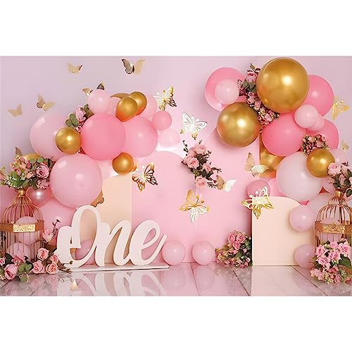 Yeele 7x5ft First Birthday Backdrop for Girl Pink 1st One Year Old First Birthday Party Background for Photography Cake Smash Rose Balloons Butterfly Decor Photo Shoot Booth Studio Props Vinyl by Yeele - Used condition - Image 4
