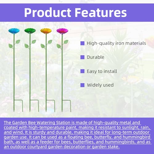 4 pcs Butterfly Feeders Bowl Bee Watering Station Metal Colorful Flower Design with 20 Colorful Glass Marbl for Outdoor Patio Garden Decoration (Red,Green,Blue,Yellow)