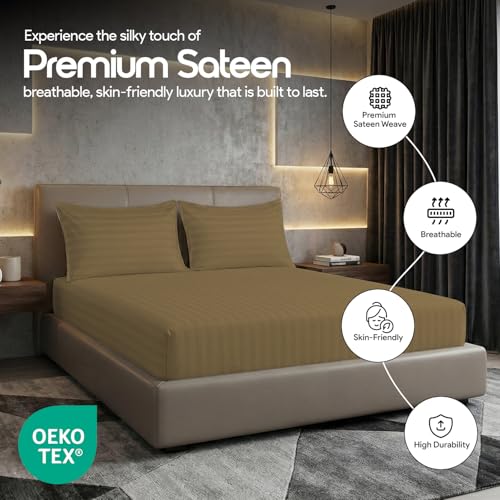 Image of LINENWALAS Cotton 300 TC Fitted Bed Sheet for King Size Bed | Signature 2 CM Sateen Stripe Design |All-Around Elastic for 4-8 Inch Mattresses | Luxury Hotel-Style Bedding (72 x 78, Mocha)