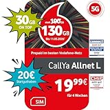 Vodafone Prepaid CallYa Allnet L | 130 GB statt 100 GB | 20 EUR Startguthaben | ohne Vertrag | 5G-Netz | Telefon- SMS-Flat | EU-Roaming