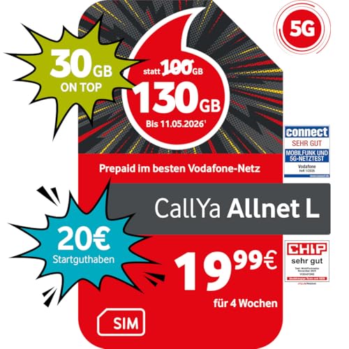 Vodafone Prepaid CallYa Allnet L | 130 GB statt 100 GB | 20 EUR Startguthaben | ohne Vertrag | 5G-Netz | Telefon- SMS-Flat | EU-Roaming
