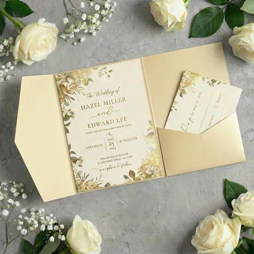 ABIDISO 25 Pcs Trifold Wedding Invitation Pockets for 5x7 Cards,Champagne