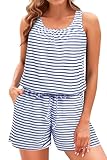 Tempt Me Romper One Piece Swimsuits with Short - Women Boyleg with Pockets Modest Bathing Suit 2025 Swimwear Navy Striped M