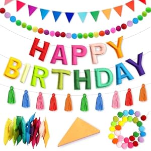 4PCS Pre-Strung Happy Birthday Banner – Felt Happy Birthday Garland, Ball Garland, Felt Pennant Flag, Colorful Thread Tassel Rainbow Party Decorations for Women Men Kids