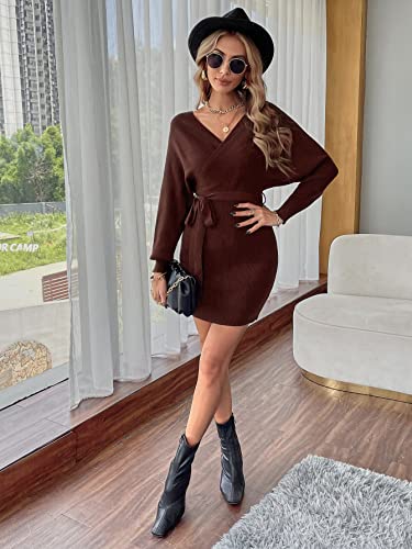 Shein Women's Casual Batwing Long Sleeve V Neck Backless Sweater Mini Dress Chocolate Brown S #TOP4