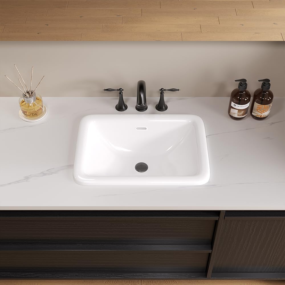 Bathroom Vessel Sink 18" x 14" Semi Recessed Sink White Drop in ceramic Sink with Overflow Modern Sinks Bowl Vanity Above Counter Basin