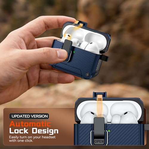 Image of Inesore for AirPods Pro 3 Case with Secure Lock (Dark Blue) | Phone Stand Design,Compatible with MagSafe,Automatic Snap Switch Secure Cover Carbon Fiber Texture with Cleaner Kit