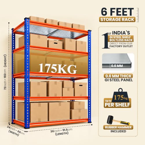 Image of JD FRESH 5 Tier Multipurpose Metal Storage Rack /GI Steel Shelf Boltless Rack with Stiffener /72x36x24 inch Adjustable Standing Shelves Unit /175kg Load Per Shelf /Storage Rack for Shop (Blue&Orange)