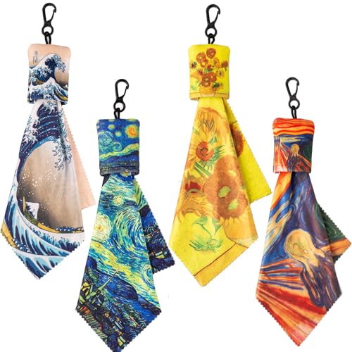 Seabbo Glasses Cleaning Cloth Microfiber Eye Glass Clean Cloths Cleaner Keychain for Eyeglasses Screens Camera Lenses-World Classic Art Design Double Sided Printing 4PC