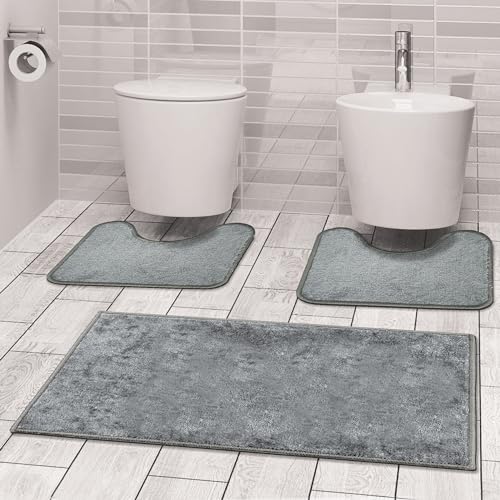 Comart - Set Tappeti Ocean Bagno - Tris Tappetini Bagno: Un Tappeto Rettangolare 45x75 cm + Due Giro Water o Bidet 45x75 cm - Soffici e Morbidi - Sottili e Antiscivolo - Lavabili in Lavatrice - Grigio