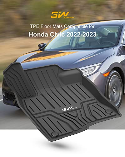 3W Floor Mats Compatible For Honda Civic 2022 2023 Tpe All Weather Custom Fit Floor Liner 1St And 2Nd Row Full Set Car Mats, Black #TOP1