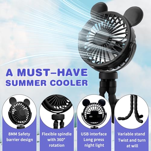 Fancysky Kinderwagen Ventilator Tragbar,Dreifuß-Ventilator,USB Ventilator Leise,Handventilator Mini Fan,360°-Drehung, 3 Geschwindigkeitsstufen,für Kinderwagen Autositz Fahrrad Camping(Schwarz)