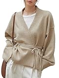 WDIRARA Women's Wrap V Neck Long Sleeve Tie Front Belted Cardigan Casual Sweater Apricot M