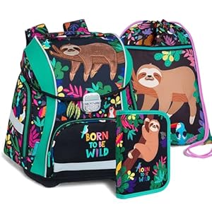 itenga Grundschul Ranzen Set - Schulranzen Set 3 teilig für Jungen und Mädchen mit Mäppchen Etui und Turnbeutel (Motiv Faultier - WILDKID)