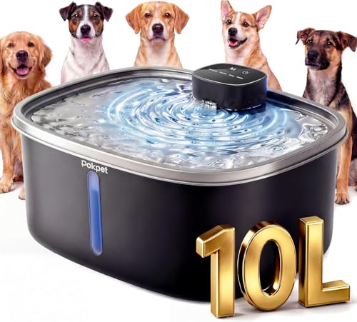 Pokpet Dog Cat Water Fountain Doggy Spout Water Bowl Stainless Steel Large Dog Fresh Flow 10L Pet Dispenser with Deeper Wider Drinking Area LED Window Multi-Filtration - Wireless 1Filter