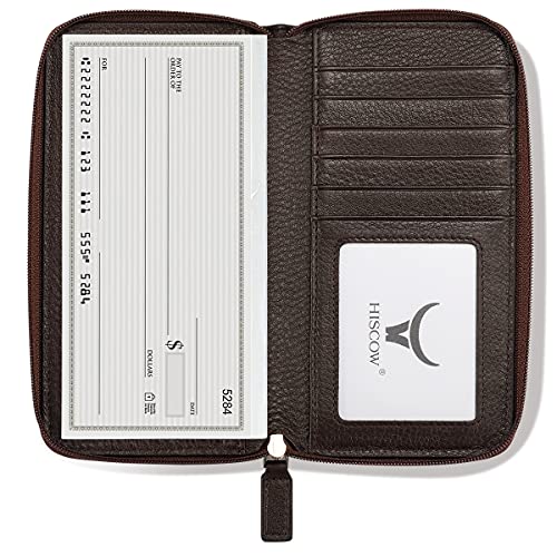 Image of HISCOW Leather Checkbook Cover, Zippered Wallet, Pebbled Coffee | Full grain cowhide, 5cc & ID window, personal check book & register pockets, removable duplicate divider, women secure zipper