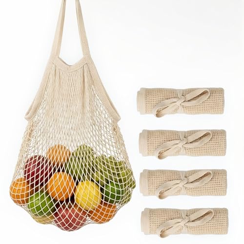 HEYIBURAN Mesh Grocery Bags 4 Pack, Reusable Cotton String Shopping Totes with Long Handles, Heavy Duty Holds 40lbs for Farmers Market, Produce, Fruit, Vegetable Storage & Beach