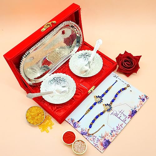Image of aipur Ace Premium Rakhi Gifts Hamper Rakhi for brother with Silver Plated Gifts Bowl Set With Chocolate & Greeting Card (Bhiya Bhabhi Rakhi With Gift Hamper)