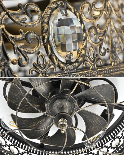 Rjieoc Vintage Crystal Ceiling Fan with Light, Farmhouse Caged Fandelier with Remote Control, Industrial Flush Mount Ceiling Fan Light for Bedroom Living Room Dining Room Kitchen - image 3