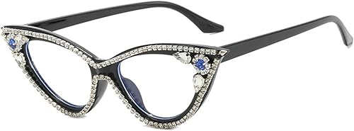 mincl Lentes de diamantes de imitación anti luz azul para mujer con diamantes de ojo de gato, gafas de computadora antifatiga