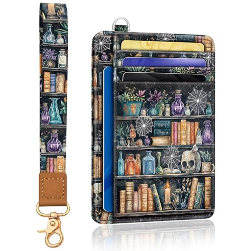 Image of Yonlevres Goth Book Credit Card Holder Wristlet Wallet Women RFID Small | Front Pocket, Handy, RFID Blocking, Woman Girls Ladies Gifts, D-ring for Keychain,Thin Mini Card Case, ID Window, PU Leather