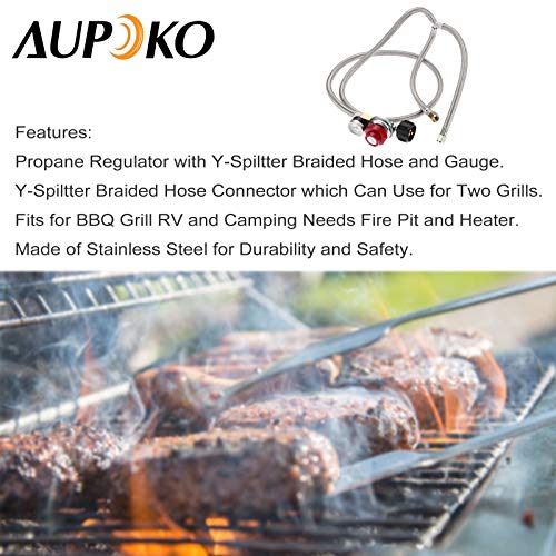 Aupoko Adjustable Propane Regulator Stainless Braided Hose 0-30 PSI with Gauge, 2 Y-Splitter Hose QCC1/Type1 to 3/8\" Female Flare Fitting, for Heaters/Grills, Fire Pit High Pressure Regulator Valve
