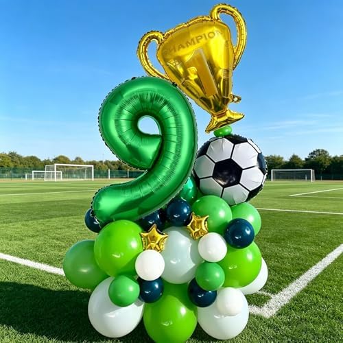 Soccer Trophy Green Number 9 Balloon Column Set (1-9 Age Variants) - Football World Cup Decoration for 9 Year Old Boy Birthday, Soccer Champion Sports Themed 9th Party Decorations (Green 9)