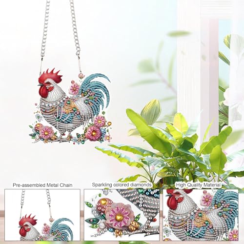 Image of 5D DIY Diamond Painting Pendant Kit - Rooster with Floral Design, Handmade Acrylic Diamond Art Hanging Ornament for Wall Window Home Decoration and Gift